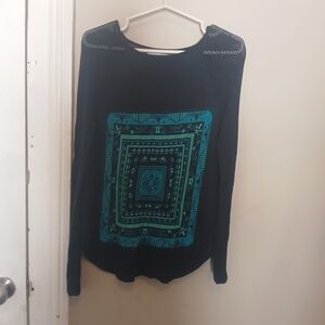 Twik By Par Simons Teal and Navy Open-Knit Long Sleeve Top